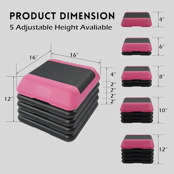 Step Aerobic Platform, Exercise Step with 5 levels Adjustable Height, 4 Stackable Risers, Fitness Training Workout Stepper for Home Gym, Cardio Strength, Multiple Options