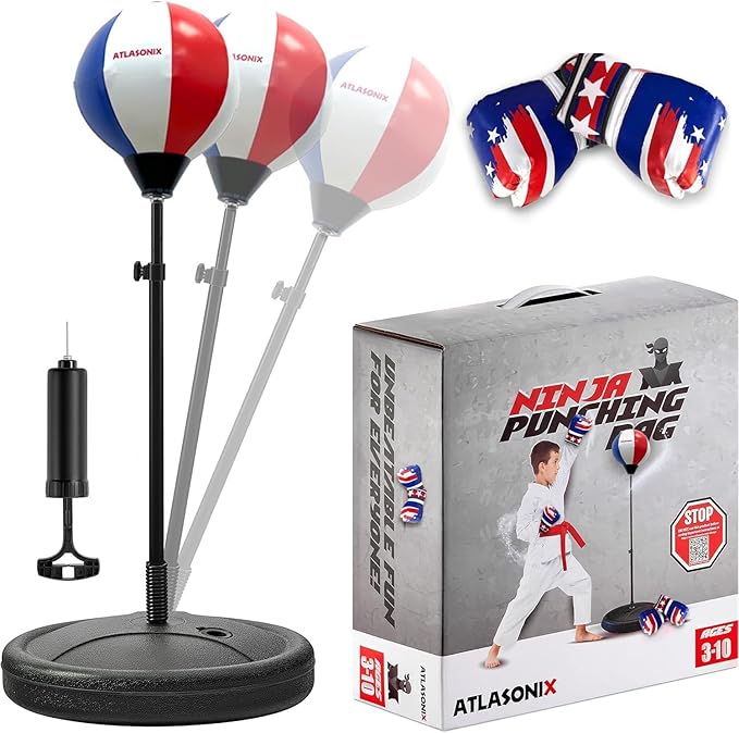 Standing Punching Bag for Kids 8-12, Boxing Set with Gloves - Fun Karate Ninja Games - Birthday for Boys & Girls - Indoor Outdoor Boxing Equipment - Guantes de Boxeo para Niños