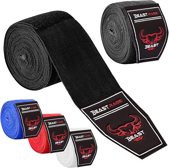 BEAST RAGE Boxing Hand Wraps 4.5 Meter Martial Arts Bandages Inner Gloves Wrist Support Straps Punching Under Hand Knuckles Heavy Elasticated Training Bag Mitts Muay Thai