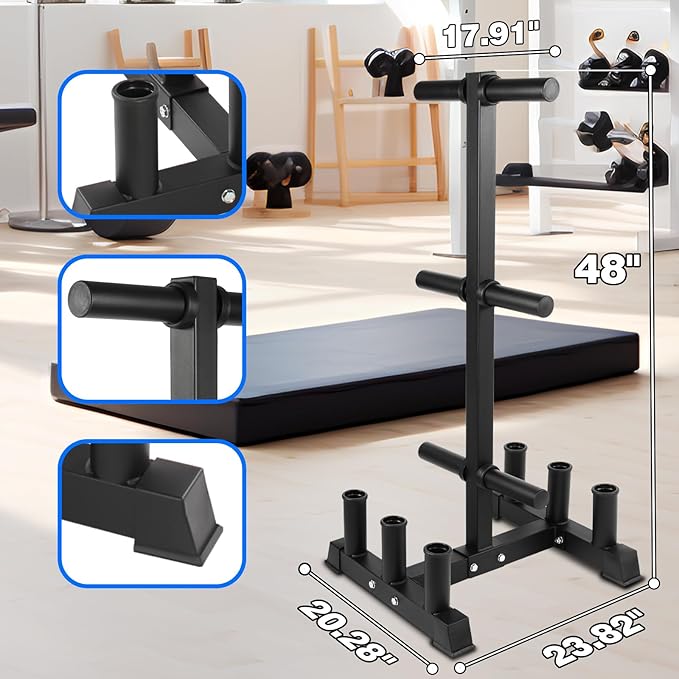 Olympic Weight Plate Rack Plate Trees for Bumper Plate Storage, 2 Inch Weight Plate Tree and Vertical Barbell Holder for Home Gym, 4-Pegs 6-Pegs Olympic Weight Tree, Capable of Holding Up to 880LB