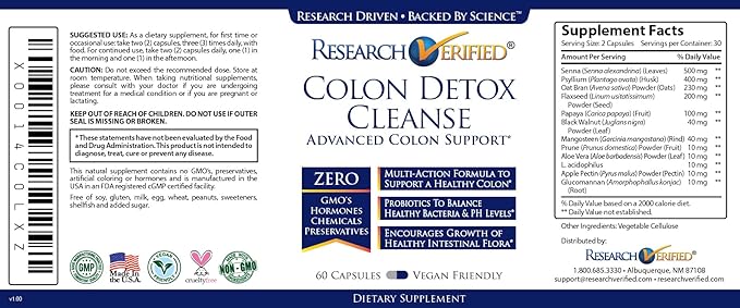 Research Verified Colon Detox Cleanse - #1 Colon Cleansing & Detox Treatment - 100% Natural w/Probiotics & 19 Tested Ingredients - 100% Money Back - 1 Bottle Supply