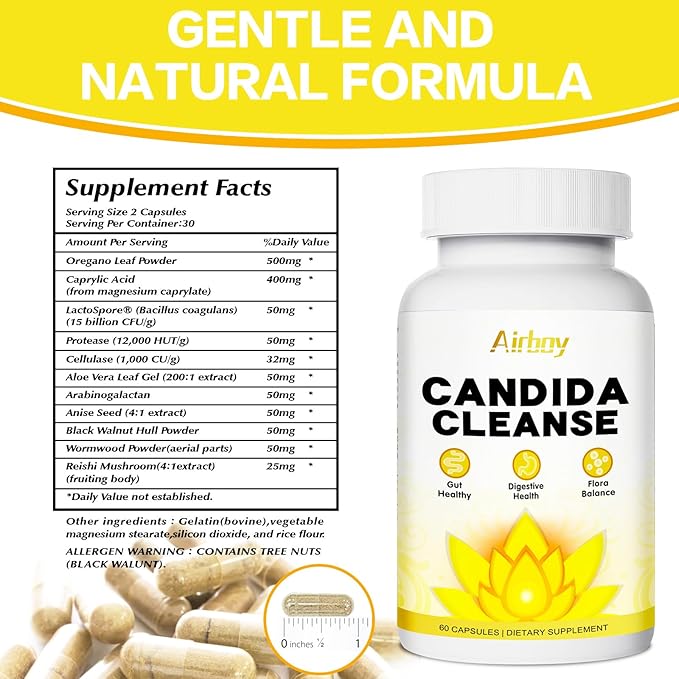 Airboy Candida Cleanse,Gut Colon Cleanse Detox for Women & Men,Candida Support with Oregano Leaf, Caprylic Acid,Wormwood, Black Walnut-60 Counts