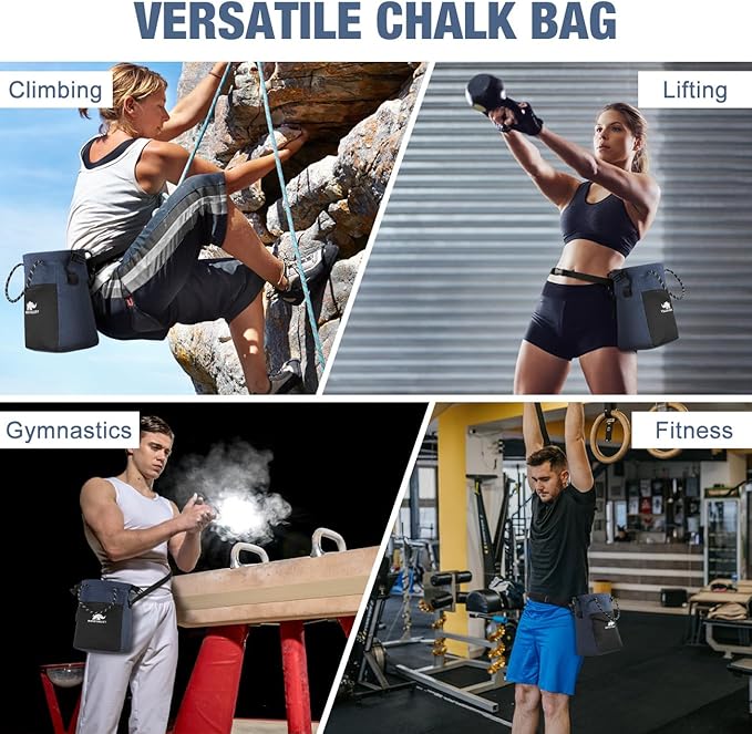 Rhino Valley Chalk Bag for Rock Climbing, No Leak Magnetic Climbing Chalk Bag with Handle, Climbing Chalk Bucket Gear with Adjustable Belt Zipper Pockets for Cross Fit, Weight Lifting