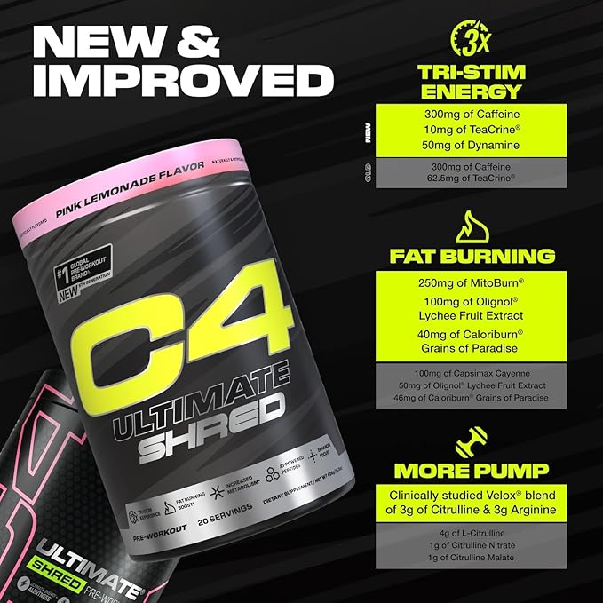 Cellucor C4 Ultimate Shred Pre Workout Powder, Metabolism Supplement with Cayenne Extract+300mg Caffeine+TeaCrine+Dynamine - Pink Lemonade, 20 Servings