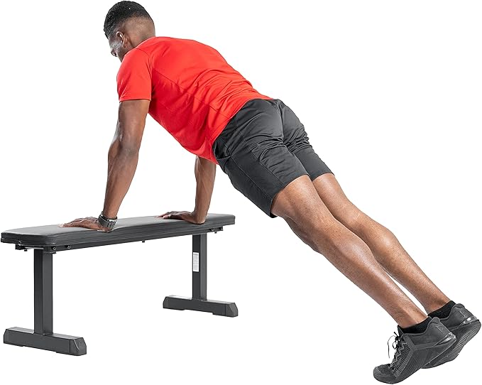Sunny Health & Fitness Flat Weight Bench Optional Dumbbell Rack for Strength Training, Full Body Workout, Exercise, Home Gym