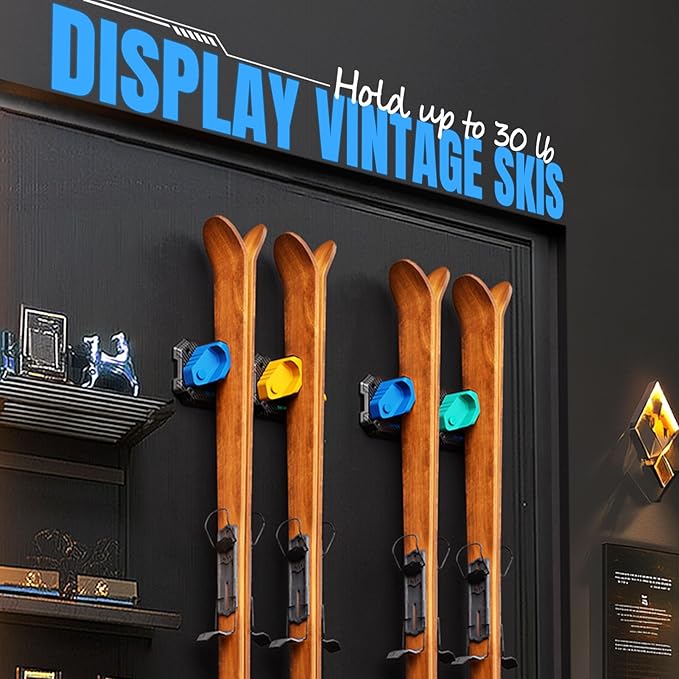Ski & Snowboard Wall Rack for Garage - Fits Any Ski/board, Damage-Free Storage, Blue, 4 Pack