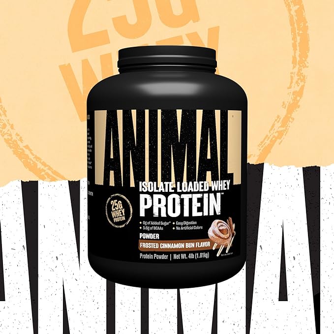 Animal Whey Isolate Protein Powder - Loaded for Pre & Post Workout Muscle Builder and Recovery with Digestive Enzymes for Men & Women - 25g Protein, Great Taste, Low Sugar - Frosted Cinnamon Bun 4 lbs
