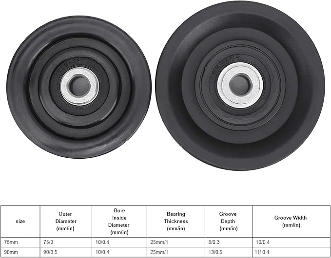 Keenso 10 Pcs/Set 75mm/90mm Nylon Bearing Pulley Wheel Replacement Black for Cable Machine Gym Equipment Exercise Strength Training Accessory