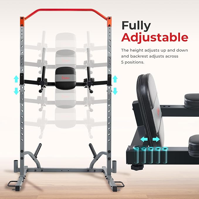 Sunny Health & Fitness Power Cage Squat Rack Upgrade Attachments, Dip Bar, Plate Bar Holder, Belt Squat, J Hook, Lat, Adapter, U Ring, Pull Up Bar, Landmine, Captain's Chair, Tricep Rope For Home Gym