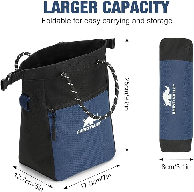 Rhino Valley Chalk Bag for Rock Climbing, No Leak Magnetic Climbing Chalk Bag with Handle, Climbing Chalk Bucket Gear with Adjustable Belt Zipper Pockets for Cross Fit, Weight Lifting