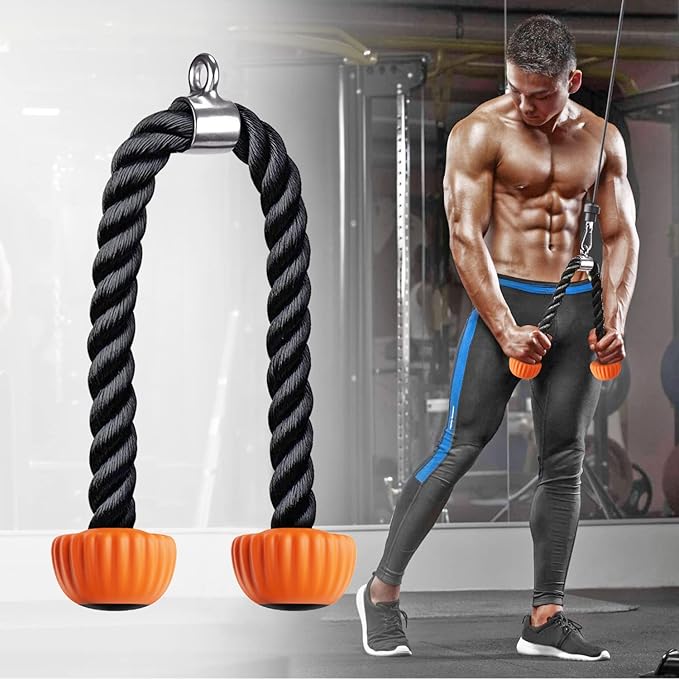 SELEWARE Tricep Rope W/Rubber Ends Cable Machine Attachments for Gym, 28”/36” Universal Triceps Pull Down Rope for Pulley System Home Gym Workout Fitness