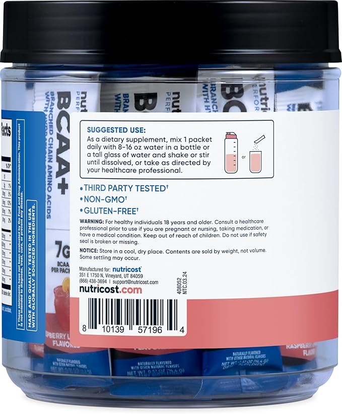 Nutricost BCAA+ Hydration Raspberry Lemonade (20 Stickpacks) - Branched Chain Amino Acids with Hydration Complex - Gluten-Free, Non-GMO