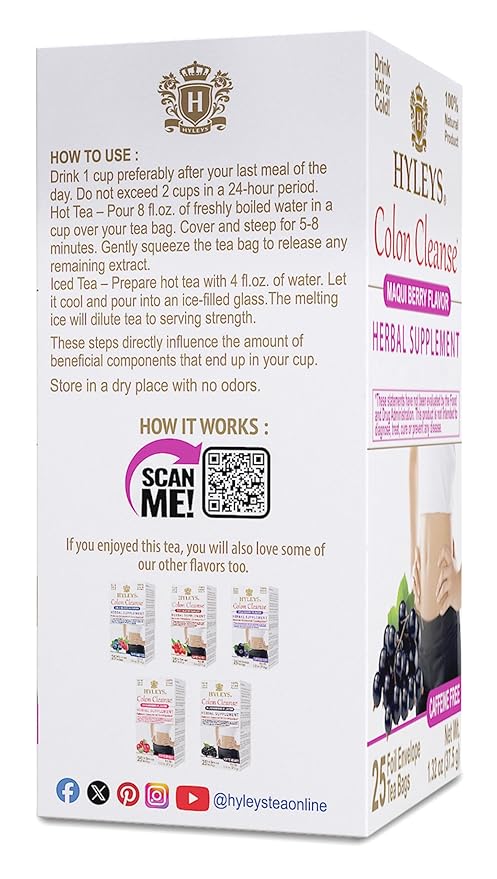 Hyleys Colon Cleanse Tea Maqui Berry Flavor - 25 Tea Bags (1 Pack)