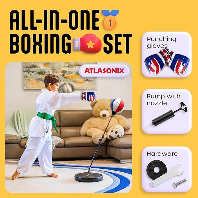 Standing Punching Bag for Kids 8-12, Boxing Set with Gloves - Fun Karate Ninja Games - Birthday for Boys & Girls - Indoor Outdoor Boxing Equipment - Guantes de Boxeo para Niños