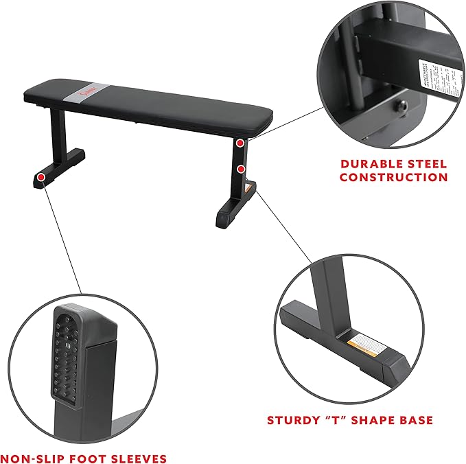 Sunny Health & Fitness Flat Weight Bench Optional Dumbbell Rack for Strength Training, Full Body Workout, Exercise, Home Gym