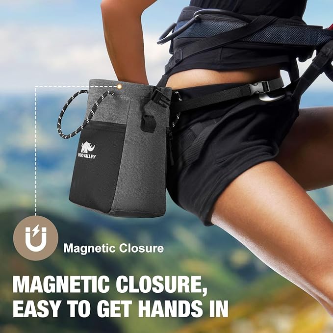 Rhino Valley Chalk Bag for Rock Climbing, No Leak Magnetic Climbing Chalk Bag with Handle, Climbing Chalk Bucket Gear with Adjustable Belt Zipper Pockets for Cross Fit, Weight Lifting