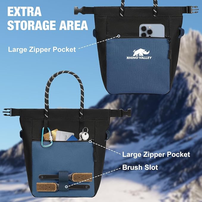 Rhino Valley Chalk Bag for Rock Climbing, No Leak Magnetic Climbing Chalk Bag with Handle, Climbing Chalk Bucket Gear with Adjustable Belt Zipper Pockets for Cross Fit, Weight Lifting