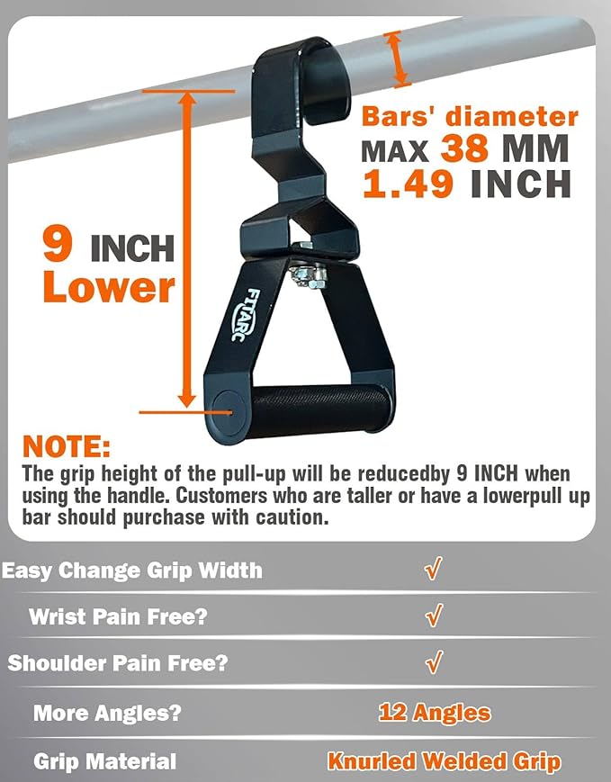 Fitarc Pull Up Handle Width Angle Fast Adjust Grip, Professional LAT Pull Down Grip 12 Level Adjustable, Rowing Handle, Wrist Friendly Deadlift Handle 2pcs, Patented
