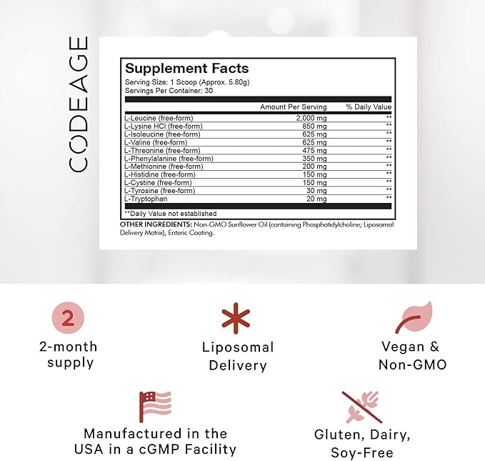 Codeage Liposomal Multi Amino Powder Supplement - BCAA & EAA Supplement All 9 Essential Amino Acids, Branched-Chain Amino Acid, Pre & Post Workout, Unflavored, Liposomal Delivery, Non-GMO, 6.15 oz