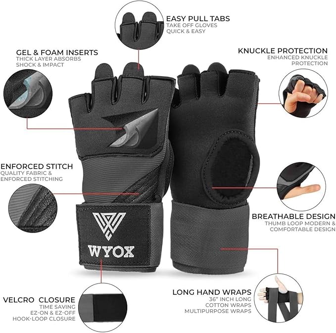 WYOX Gel Boxing Hand Wraps Inner Gloves for Men & Women, 80cm Quick Wrist Straps, Padded Knuckle Protection for Muay Thai Kickboxing, Hand Wraps for Boxing & Martial Arts