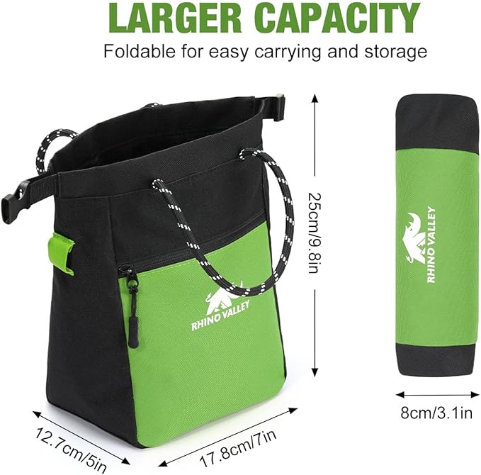 Rhino Valley Chalk Bag for Rock Climbing, No Leak Magnetic Climbing Chalk Bag with Handle, Climbing Chalk Bucket Gear with Adjustable Belt Zipper Pockets for Cross Fit, Weight Lifting