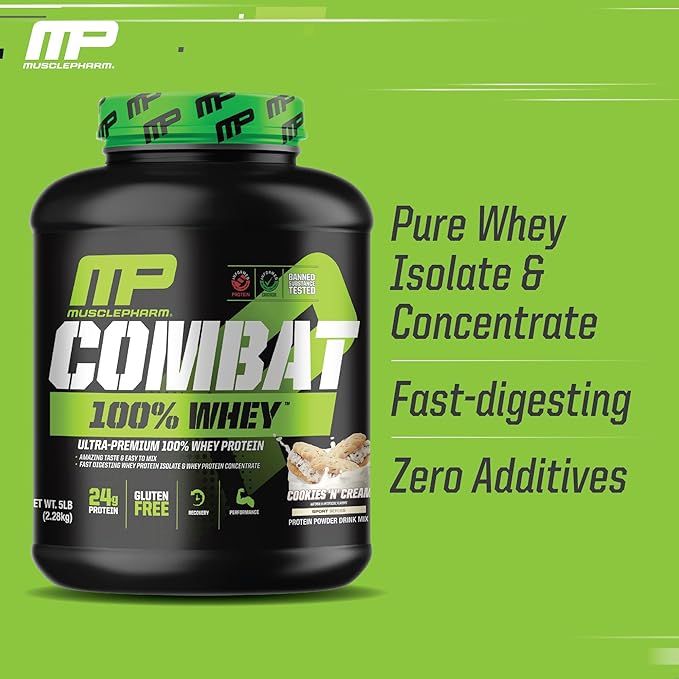 MusclePharm Combat 100% Whey Protein Powder, Cookies ‘N’ Cream Flavor, Fast Recovery & Muscle Gain with Whey Protein Isolate, High Protein Powder for Women & Men, Gluten Free, 5 lb, 70 Servings
