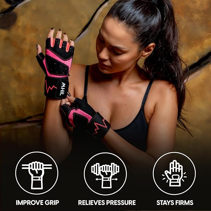 MhIL Workout Gloves for Women โ Comfortable Gym Gloves for Women with Hand Protection and Enhanced Grip โ Weight Lifting Glove for Womens with Wrist Wraps Support for Safety, Hygiene and Style