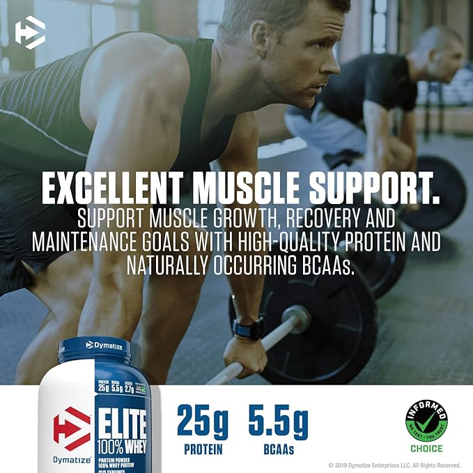 Dymatize Elite 100% Whey Protein Powder, 25g Protein, 5.5g BCAAs & 2.7 L-Leucine, Quick Absorbing & Fast Digesting for Optimal Muscle Recovery, Rich Chocolate, 5 Pound, 63 Servings