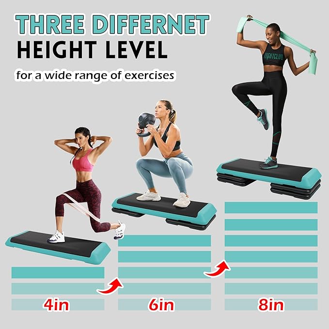 Step Aerobic Platform, Exercise Step with 5 levels Adjustable Height, 4 Stackable Risers, Fitness Training Workout Stepper for Home Gym, Cardio Strength, Multiple Options