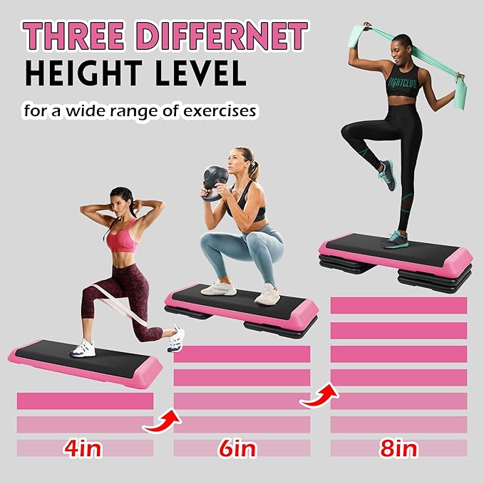 Step Aerobic Platform, Exercise Step with 5 levels Adjustable Height, 4 Stackable Risers, Fitness Training Workout Stepper for Home Gym, Cardio Strength, Multiple Options