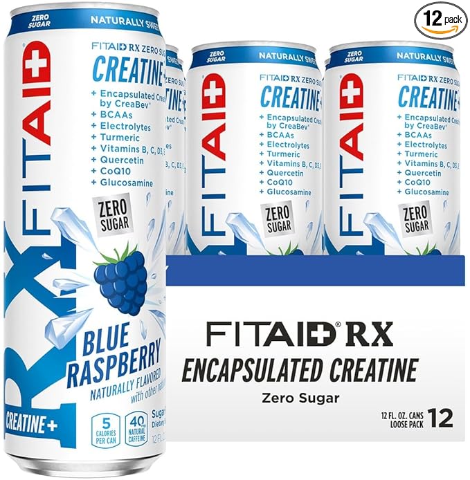 FITAID RX Zero Sugar, Encapsulated Creatine, Workout Recovery Drink, All-In-One Blend, BCAAs, Glucosamine, Turmeric, B-Complex, Naturally Sweetened, Blue Raspberry, 12 Fl Oz (Pack of 12)