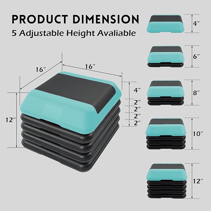 Step Aerobic Platform, Exercise Step with 5 levels Adjustable Height, 4 Stackable Risers, Fitness Training Workout Stepper for Home Gym, Cardio Strength, Multiple Options