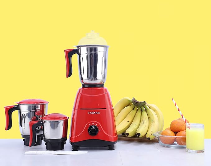 TABAKH Indian Mixer Grinder | 3 Stainless Steel Jars | 650 Watts | 110-Volts | Red