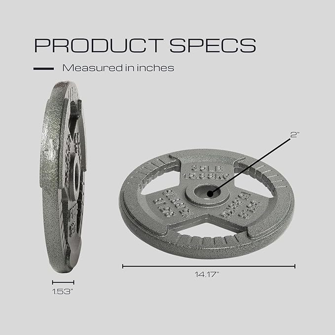 HulkFit 1 inch or 2 inch Cast Iron Weight Plate Set with Multi-Grip Handles and Enamel Coated for Barbells & Strength Training - Grey