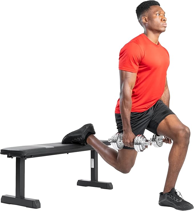 Sunny Health & Fitness Flat Weight Bench Optional Dumbbell Rack for Strength Training, Full Body Workout, Exercise, Home Gym