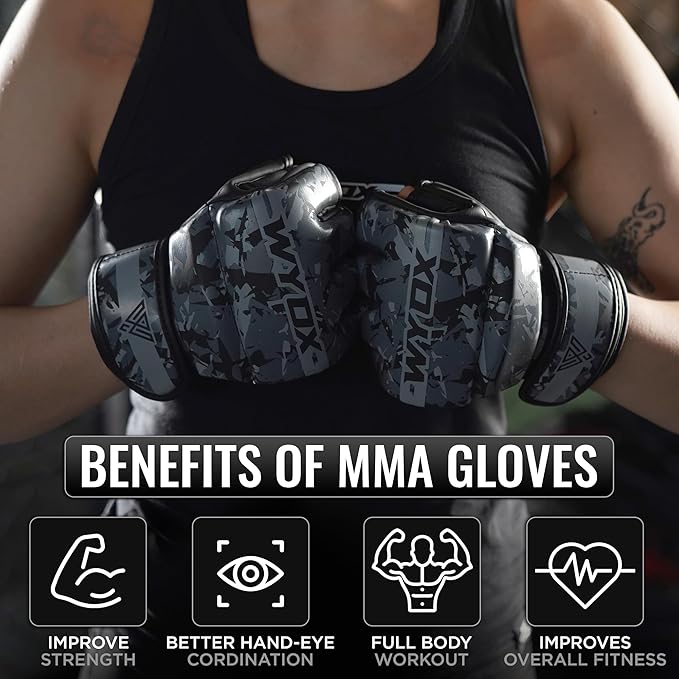 WYOX MMA Gloves for Men & Women β Grappling & Sparring Boxing Gloves with Open Palm Design, Padded Fingerless Training Gloves for Kickboxing, Muay Thai, Youth & Heavy Bag Workouts