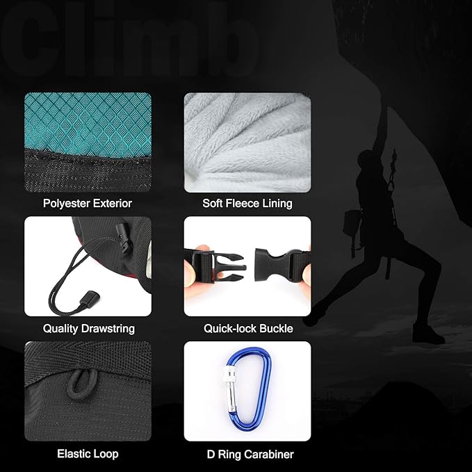 Rhino Valley Climbing Chalk Bag, No Leak Drawstring Chalk Bag with Adjustable Belt, Carabiner Clip and Zippered Pockets Chalk Bag for Climbing, Cross Fit, Weight Lifting & More - Black & Light Blue