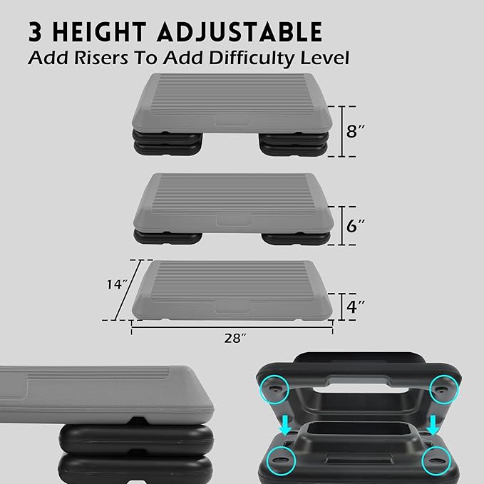 Step Aerobic Platform, Exercise Step with 5 levels Adjustable Height, 4 Stackable Risers, Fitness Training Workout Stepper for Home Gym, Cardio Strength, Multiple Options