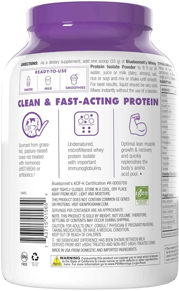 BlueBonnet Nutrition Whey Protein Isolate Powder From Grass Fed Cows, 26g of Protein, No Sugar Added, Gluten & Soy free, kosher Dairy, 2 Lbs, 28 Servings, French Vanilla Flavor