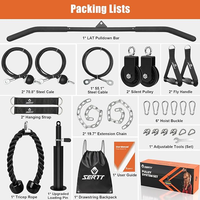 SERTT Home Gym Pulley System - Tricep Workout, Lat Pulldown, Biceps Curl, Triceps, Shoulders, Back, Forearm, Weight Cable for Squat Rack, Garage