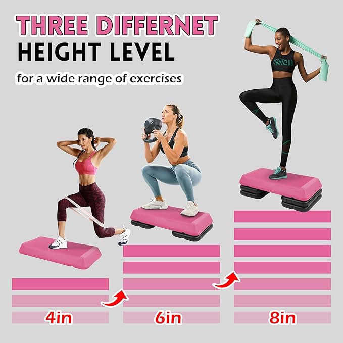 Step Aerobic Platform, Exercise Step with 5 levels Adjustable Height, 4 Stackable Risers, Fitness Training Workout Stepper for Home Gym, Cardio Strength, Multiple Options