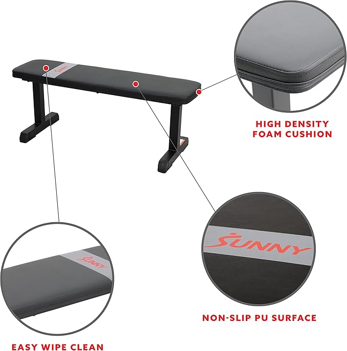 Sunny Health & Fitness Flat Weight Bench Optional Dumbbell Rack for Strength Training, Full Body Workout, Exercise, Home Gym