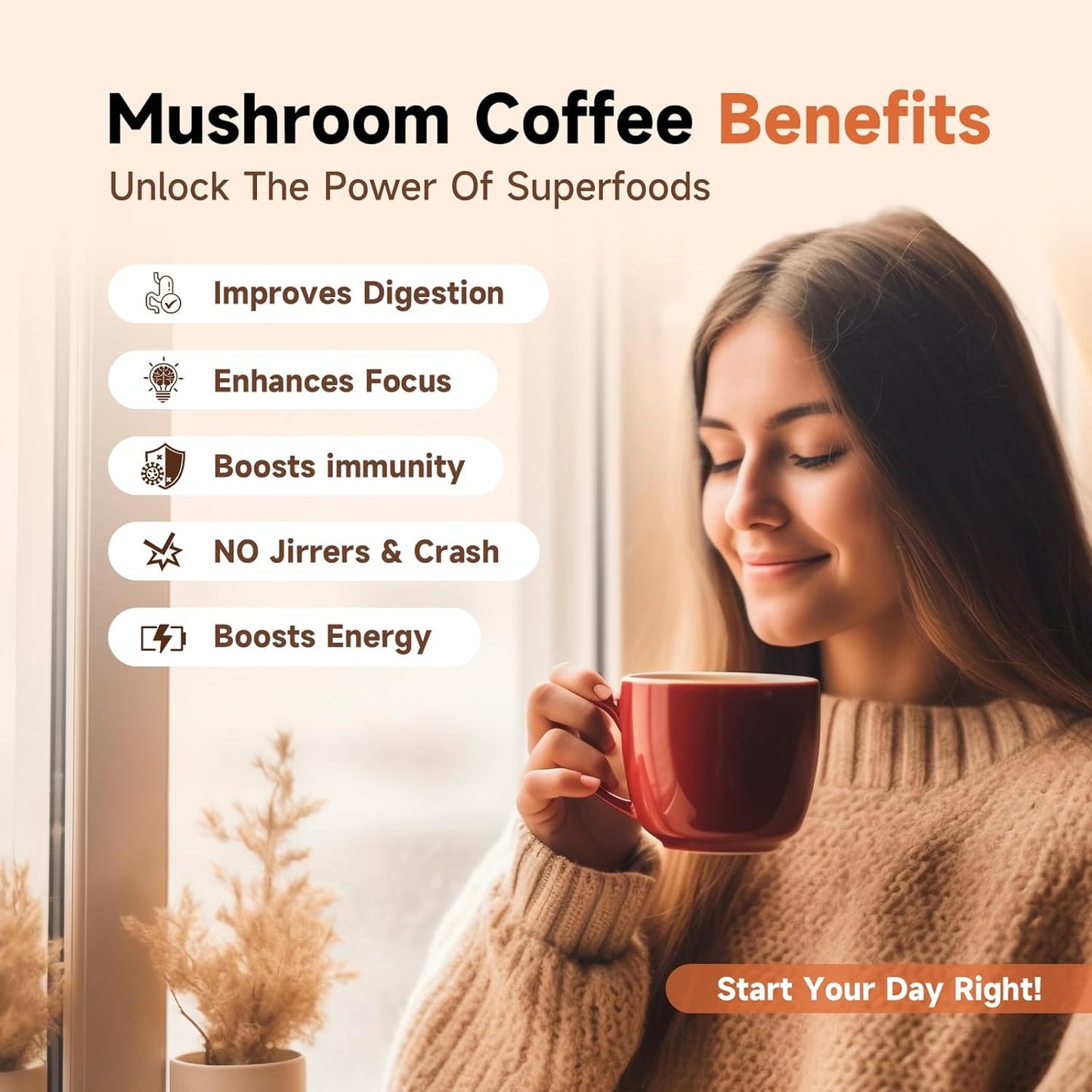 Mushroom Coffee - Lions Mane Mushroom Powder Instant Coffee with Lion's Mane, Reishi, Chaga, Cordyceps, and Turkey Tail - Alternative for Energy, Mental Clarity & Focus, Brain Booster 6.35oz(180g)