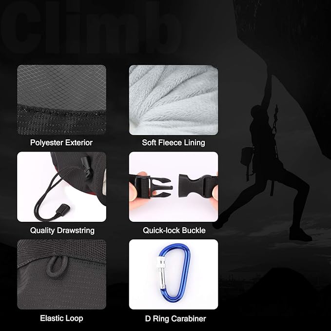 Rhino Valley Climbing Chalk Bag, No Leak Drawstring Chalk Bag with Adjustable Belt, Carabiner Clip and Zippered Pockets Chalk Bag for Climbing, Cross Fit, Weight Lifting & More