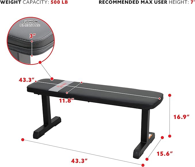 Sunny Health & Fitness Flat Weight Bench Optional Dumbbell Rack for Strength Training, Full Body Workout, Exercise, Home Gym