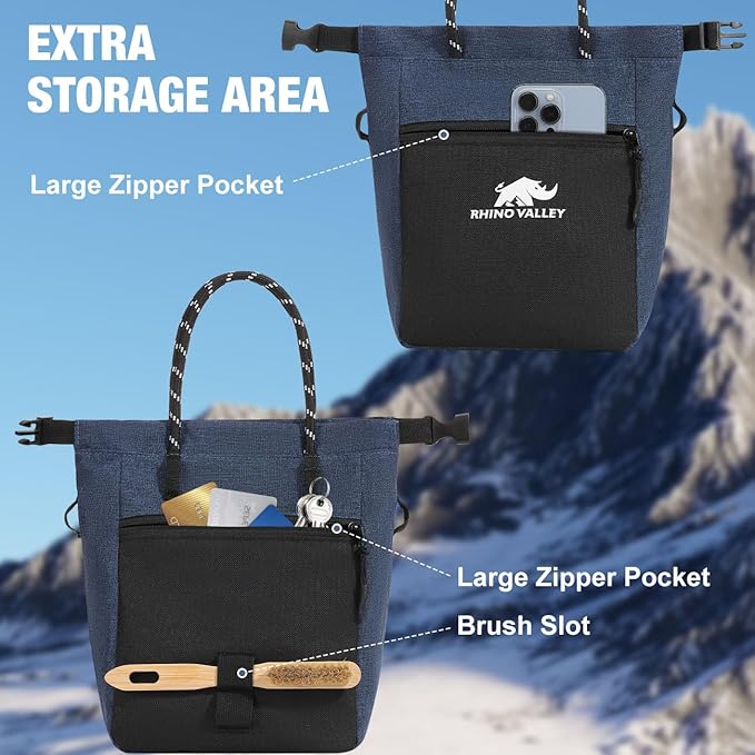 Rhino Valley Chalk Bag for Rock Climbing, No Leak Magnetic Climbing Chalk Bag with Handle, Climbing Chalk Bucket Gear with Adjustable Belt Zipper Pockets for Cross Fit, Weight Lifting