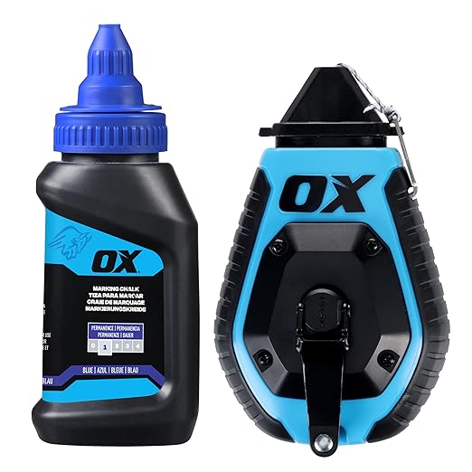 OX Pro 100ft Chalk Line ABS Plastic with Rubber Grip with Chalk Powder 4oz - 6:1 Gear Ratio with Cotton Nylon Standard Bold Line Pointed Tip Chalk Line Tool OX-T630602