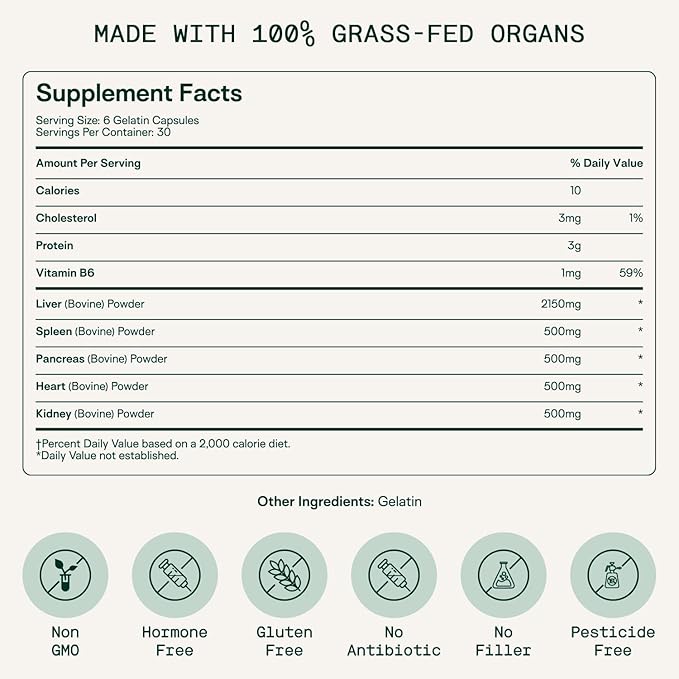 Adapt Naturals Organ Supplement, Bioavailable Grass Fed Beef Liver Capsules, Blend of Liver, Heart, Kidney, Pancreas & Spleen, Support Liver Cleanse Detox & Repair | Source of CoQ10-30 Days Supply