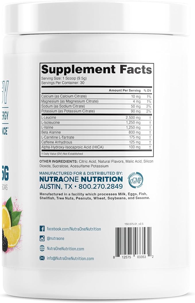 NutraOne Amino Energy BCAA Powder Pre-Workout Supplement with Caffeine Branched Chain Amino Acids to Help Fuel and Recover* (BlackBerry Lemonade - 30 Servings)