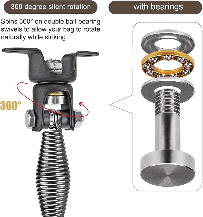 BeneLabel Heavy Duty Boxing Punching Bag Hanger with Spring, 360° Rotation Wood Beam Holder, 1 Carabiner, 1 Comfort Spring, 2 Hexagon Wood Screws and 2 Expansion Screws.